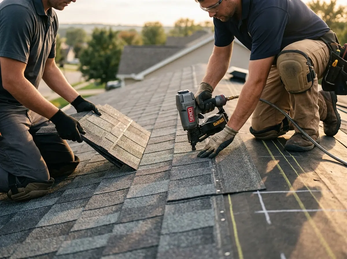 Professional roofer working on a residential roof in Wade Hampton